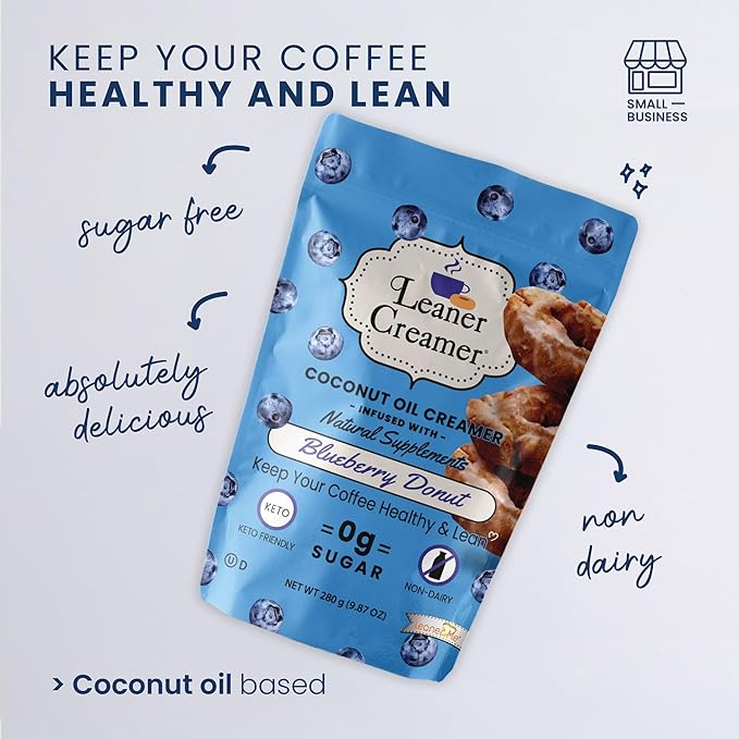 Leaner Creamer Coconut Creamer with Superfood Ingredients – Non-Dairy, Sugar-Free, Keto, Gluten-Free Powdered Coffee Creamer – Blueberry Donut – 280g