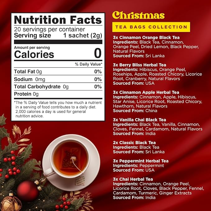 Gya Tea Co Christmas Assorted Tea Bags Variety Pack - 20 Bags 7 Seasonal Flavors - Caffeinated & Caffeine Free Holiday Tea Sampler Gift Set Box - Easy Brew, Natural Ingredients, Enjoy Hot or Iced