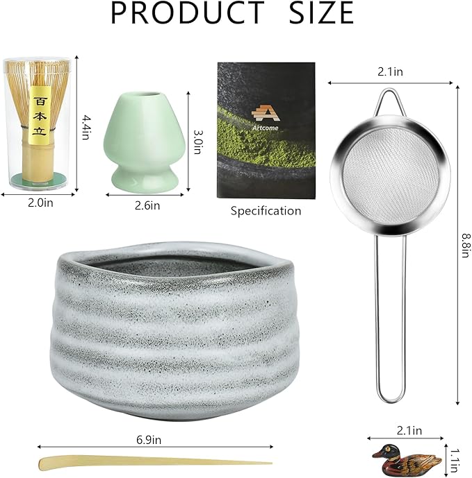 Artcome Matcha Ceremony Kit for Japanese Tea Ceremony, Traditional Matcha Bowl, Whisk, Tea Scoop, Matcha Powder Strainer, Matcha Tea Set For Making Usucha, Koicha and Matcha Latte (Gray)