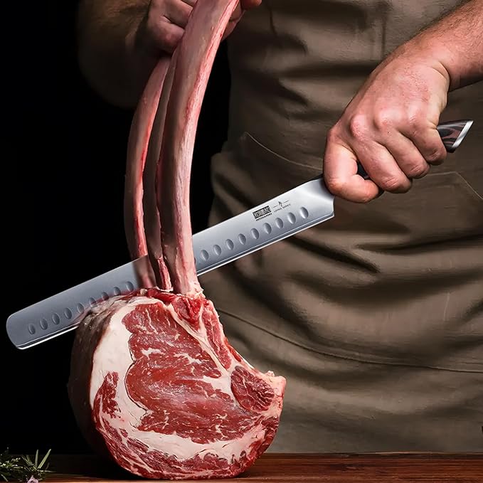 Carving Knife 12 Inch, Japanese High Carbon Steel Slicing Knife with Ergonomic Pakkawood Handle, Razor Sharp Brisket Knives for Meat Cutting, BBQ, Turkey