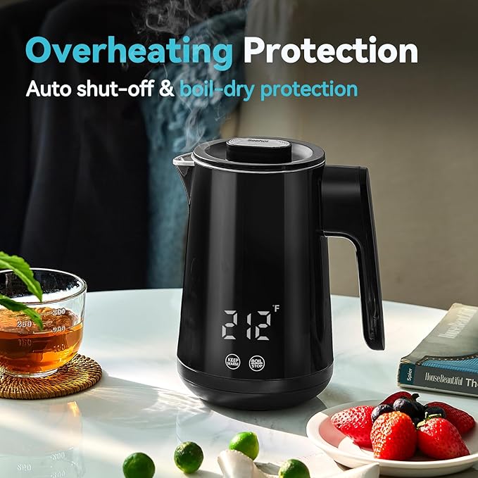 850ml Small Electric Kettle Temperature Control,800W Double Wall Electric Tea Kettle of 304 Stainless Steel,5 Temp Presets,Hot Water Kettle Electric,Auto Shut Off for Tea and Coffee-Black