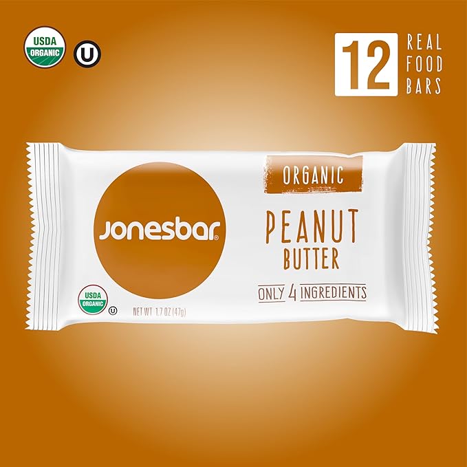 JONESBAR Organic Plant Based Protein Bars | Peanut Butter | Fruit & Nut Bar, Kosher, Gluten Free, Breakfast Bars, School Snacks, Vegan Snack & Healthy Snacks for Adults and Kids (Pack of 12)