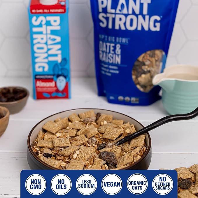 Rip's Big Bowl Cereal - PLANTSTRONG Date & Raisin (6-pack) Non-GMO Whole-Grain Plant-Based Oil Free Pack of 6 x 14oz Bags