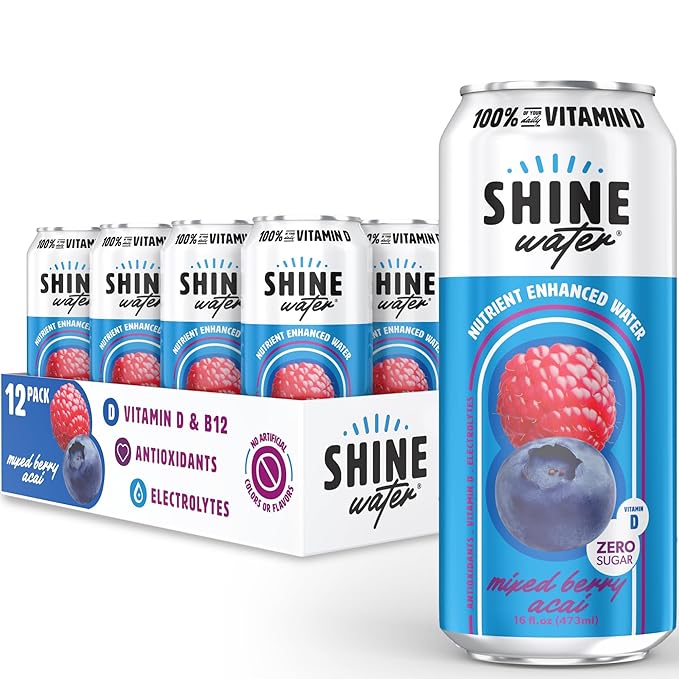 ShineWater Mixed Berry Acai Vitamin D Electrolyte Drink | Zero Sugar Hydration Beverage with Magnesium, Zinc & Antioxidants | Low Calorie Plant-Based Vitamin Water | 12 Pack