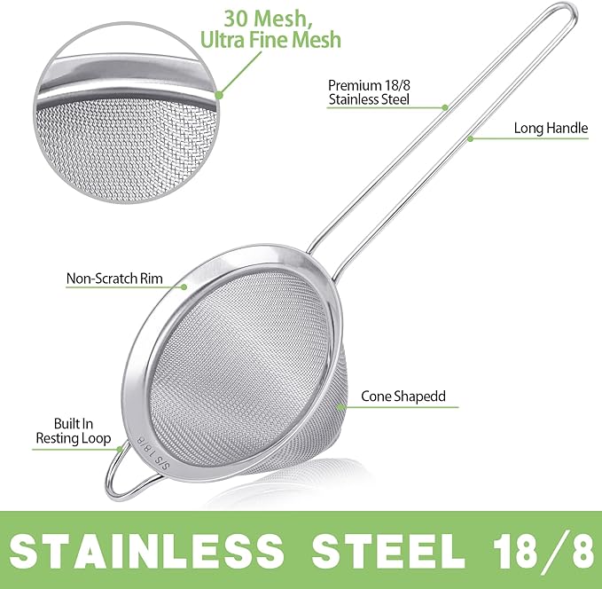2 Pack Stainless Steel 18/8 Small Food Strainer, Fine Mesh Sieve with Long Handle, Cocktail Strainer For Cocktails, Tea Herbs, Coffee & Drinks, Rust Proof & Great as Tea Strainer, 3.5inch
