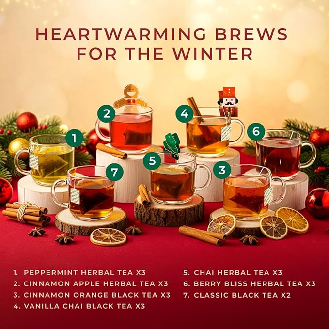 Gya Tea Co Christmas Assorted Tea Bags Variety Pack - 20 Bags 7 Seasonal Flavors - Caffeinated & Caffeine Free Holiday Tea Sampler Gift Set Box - Easy Brew, Natural Ingredients, Enjoy Hot or Iced