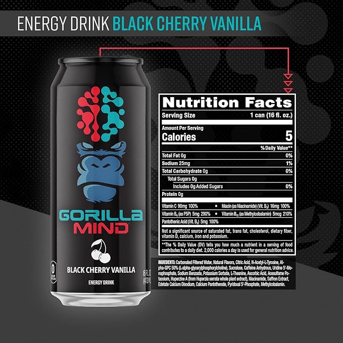 Gorilla Mind Energy Drink | Unmatched Energy · Amplified Focus | N-Acetyl-L-Tyrosine, Alpha-GPC, 200mg Caffeine, Uridine, Saffron | 0 Sugar Or Artificial Colors | 16oz, 12-Pack (Black Cherry Vanilla)