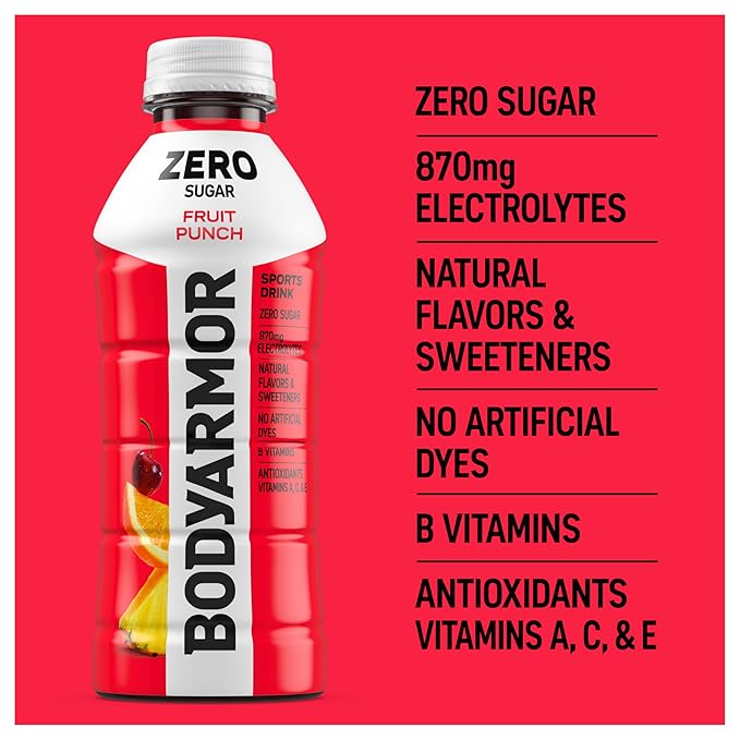 BODYARMOR ZERO Sugar Fruit Punch, Sugar Free Sports Drink - Low-Calorie Hydration - Natural Flavors with Potassium Packed Electrolytes, Antioxidants, and B-vitamins, 20 fl oz (pack of 6)