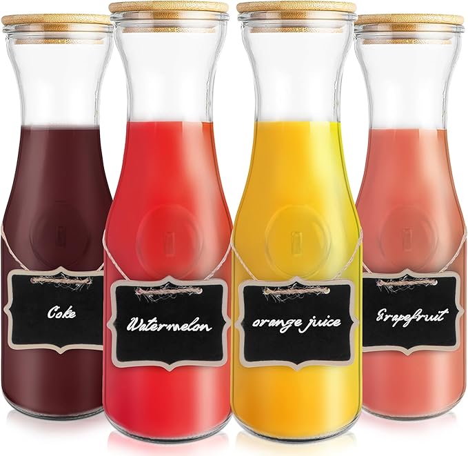 Glass Carafe with Bamboo Lid,35 Oz Beverage Dispensers Carafe,Mimosa Bar Supplies,Juice Bottles, Clear Glass Pitcher with Name Labels for Iced Tea,Coffee,Juice(Set of 4)