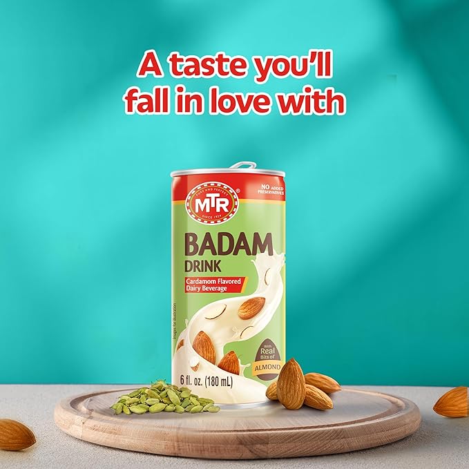 MTR Badam Drink - Cardamom Flavored, Ready-to-Drink - Authentic Indian Almond Milk Beverage, Real Bits of Almond, No Added Preservatives, Gluten-Free, Refreshing Drink, Perfect for Anytime Refreshment, Pack of 6