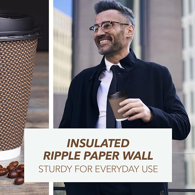 Promora Brown Disposable Coffee Cups With Lids 12 oz, Premium Insulated Paper Ripple Cups for Hot Coffee, Paper Cups 12 oz Coffee Cups 12 oz, Paper Coffee Cup with Lids (80 Pack)