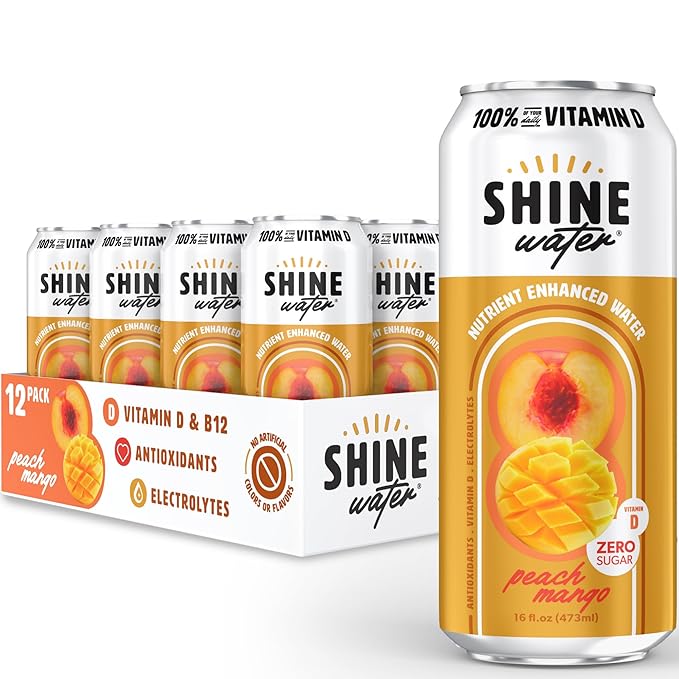 ShineWater Peach Mango Vitamin D Electrolyte Drink | Zero Sugar Hydration Beverage with Magnesium, Zinc & Antioxidants | Low Calorie Plant-Based Vitamin Water | 12 Pack