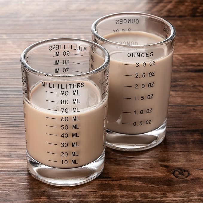 2 Pack Shot Glass Measuring Cup Set,3 oz/90ML Liquid Heavy High Espresso Glass Cup,Dishwasher Safe,Measurement of Dry and Liquid Ingredients(Black)