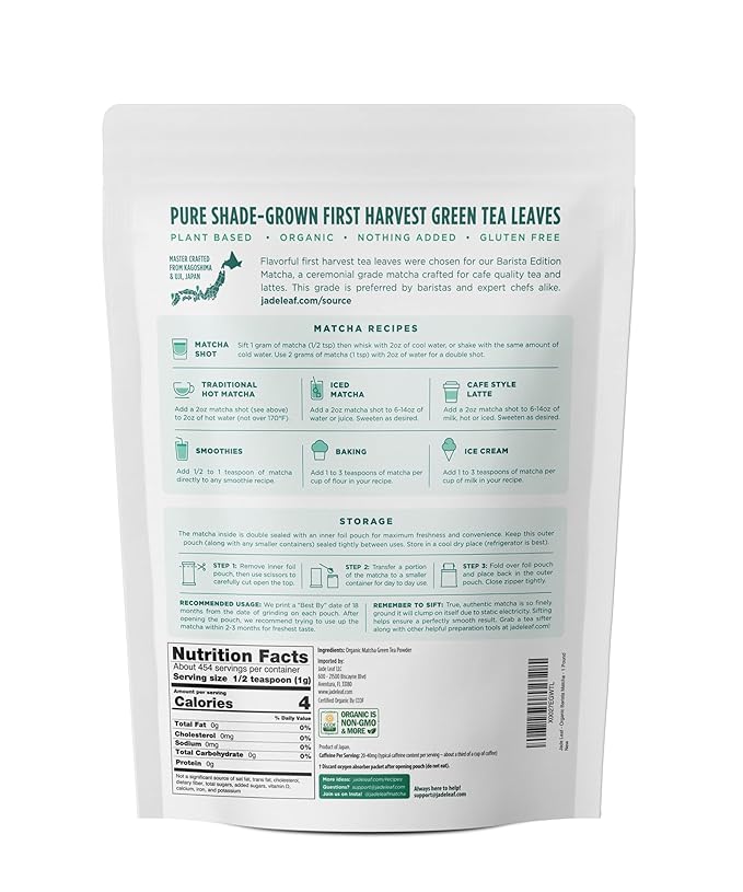 Jade Leaf Matcha Organic Premium Ceremonial Grade Matcha Green Tea Powder - Japanese - Culinary, Ingredient, Ceremonial Barista Teahouse, Latte, Collagen, 16 Ounce (Pack of 1), Ceremonial Barista