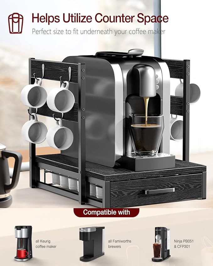 Coffee Pod Drawer for K Cup, 35 Pods K-Cup Holder Organizer with Cup Holder, Durable Coffee Maker Stand with Storage Drawer, Black