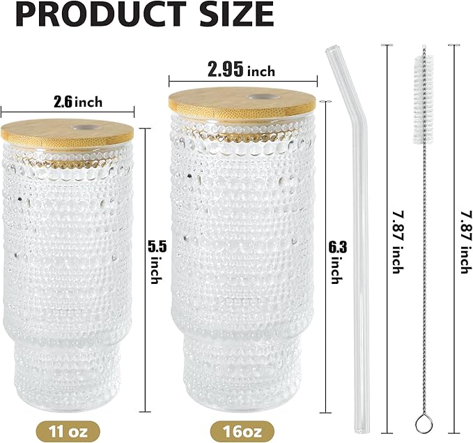 4 Pcs 11 oz Drinking Glasses Cups Set with Bamboo Lids Straws Brush Small Drinking Glassware Set for Juice Iced Coffee Cocktail Whiskey(Hobnail*4)