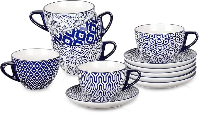 Selamica Ceramic 8 oz Cappuccino Cup Set with Saucers, Espresso Coffee Cups, Latte Macchiato for Party Cafe Home, Set of 6, Vintage Blue