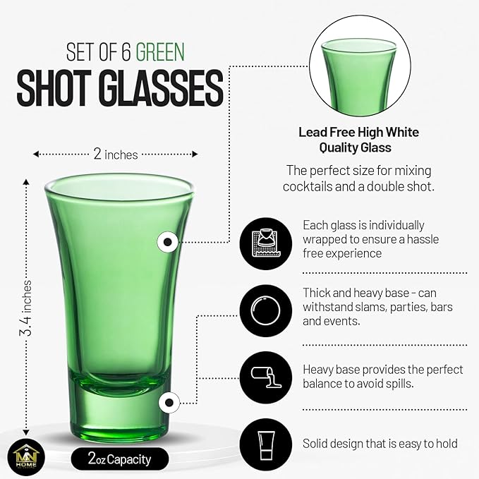M&N HOME Green 2 Oz Shot Glasses, Set of 6, Heavy Base, Christmas Gift