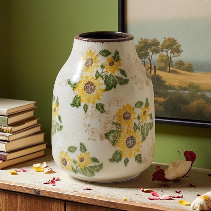 Vintage Ceramic Vase, 7.7 Inch Chinoiserie Sunflower Floral Vases, Rustic Farmhouse Antique Flower Vases for Home Decor Modern Aesthetic Tuscan Decorations (Conical)
