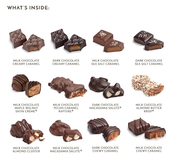 Ethel M Chocolates Premium Nuts & Caramels Collection Chocolate Gift Box, Milk & Dark Chocolate Candy Assortment, 12 Pieces of Creamy, Smooth and Rich Chocolate Gems
