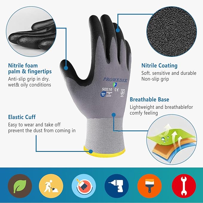 PROMEDIX P Nitrile Coated Work Gloves,MicroFoam Safety Work Gloves Men,Seamless Knit Nylon&spandex Gloves with Grip