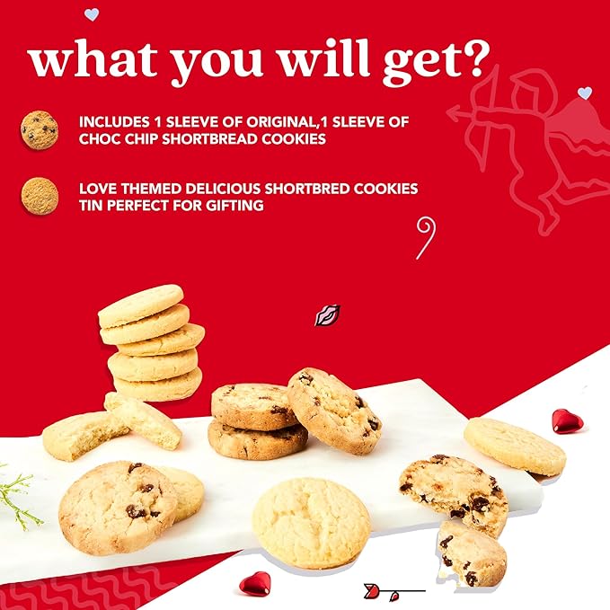 David’s Cookies Shortbread Cookies in Love Sweet Sampler Tin - Original and Chocolate Chip Shortbread Cookies in a Love-Themed Gift Tin - Gourmet Food Gift Basket for Her Him