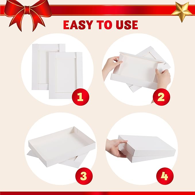 JOYIN 12PCS Christmas White Gift Boxes with Lids for Presents, 4" Deep Large Shirt Robe Wrapping Box, 4 Different Sizes Holiday Festive Lingerie Cupcake DIY Kraft Cardboard Boxes