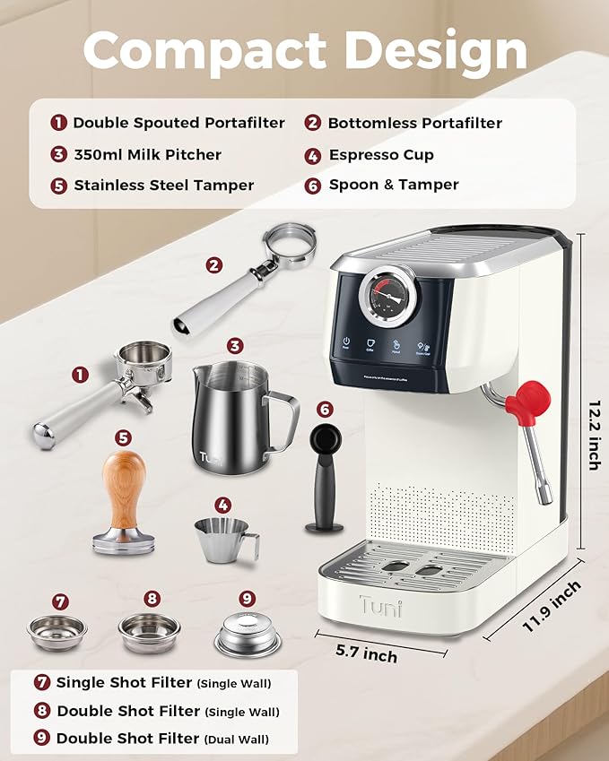 Tuni E2 𝑬𝒔𝒑𝒓𝒆𝒔𝒔𝒐 𝑴𝒂𝒄𝒉𝒊𝒏𝒆 with 𝑩𝒐𝒕𝒕𝒐𝒎𝒍𝒆𝒔𝒔 𝑷𝒐𝒓𝒕𝒂𝒇𝒊𝒍𝒕𝒆𝒓 Combo Set | 58mm 𝐃𝐮𝐚𝐥 𝐁𝐨𝐢𝐥𝐞𝐫 Coffee Maker | Professional Home Barista Kit | Gift for Coffee Lovers