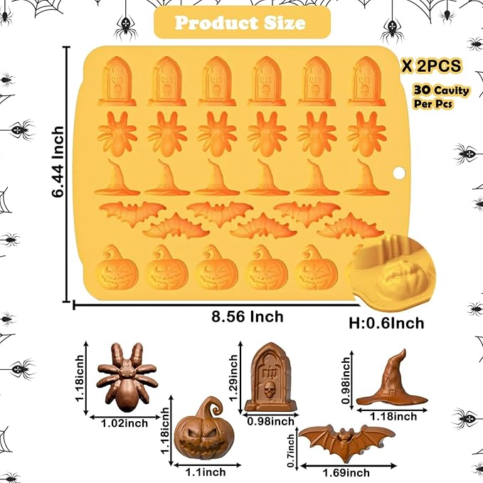 Halloween Chocolate Mold Silicone,30 Cavity Candy Gummy Mold with Pumpkin Wizard Hat Bat Spider Tombstone for Baking Chocolate Jelly Gummy Dessert