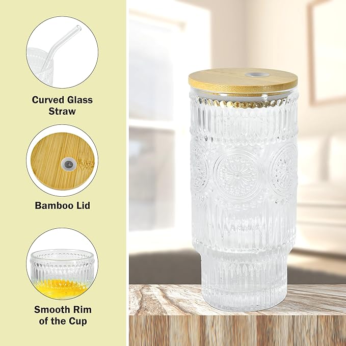 4 Pcs 11 oz Drinking Glasses Cups Set with Bamboo Lids Straws Brush Small Glassware Set for Juice Iced Coffee Cocktail Whiskey(Sunflower*4)