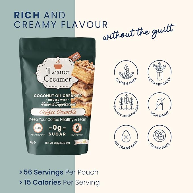 Leaner Creamer Coconut Creamer with Superfood Ingredients – Non-Dairy, Sugar-Free, Keto, Gluten-Free Powdered Coffee Creamer – Coffee Crumble – 280g