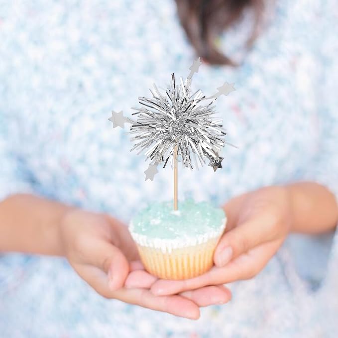 30 PCS Foil Firework Cupcake Toppers Star Cupcake Picks Sparkle Tinsel Flower Drink Stirrers Cocktail Food Fruit Toothpicks for Valentine's Day Birthday Party Cake Decorations Supplies Silver