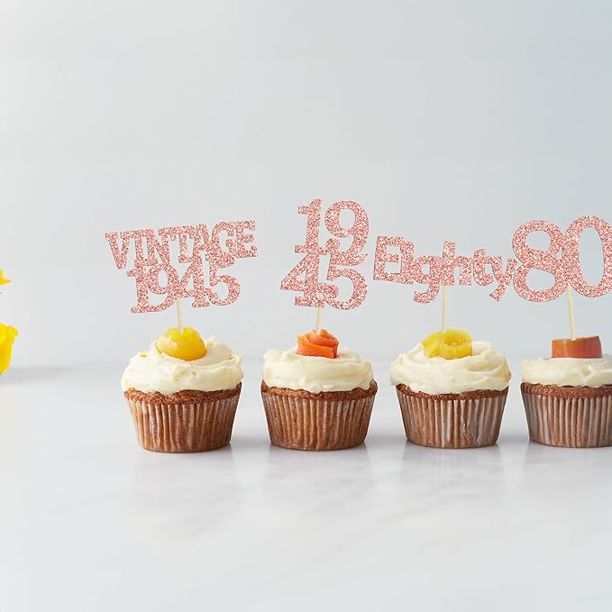 Gyufise 24Pcs 80th Birthday Cupcake Toppers Glitter Cheers to 80 Fabulous Eighty Vintage 1945 Cupcake Picks 80th Birthday Wedding Anniversary Party Cake Decorations Supplies Rose Gold