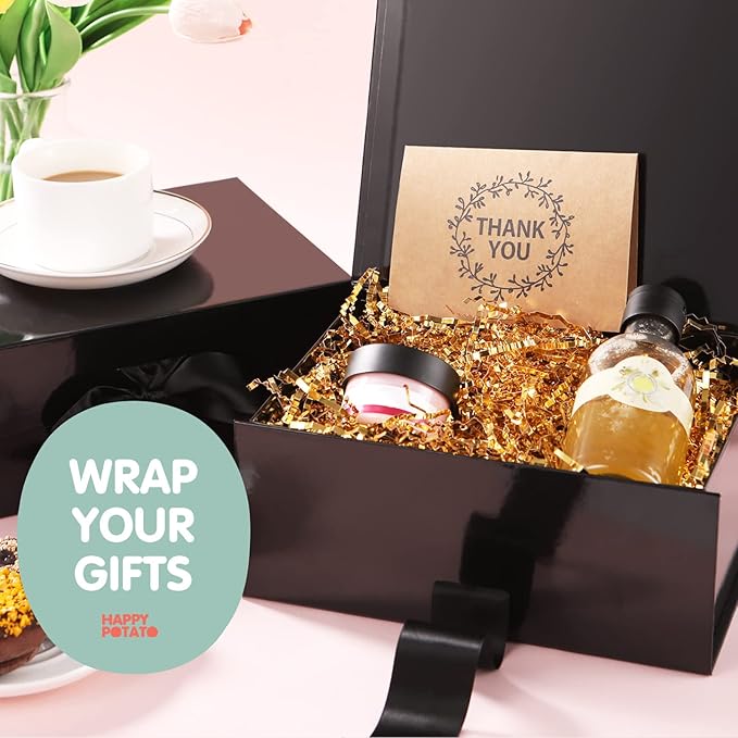 HAPPY POTATO 5 Gift Boxes with Ribbon 9x6.5x3.8 Inches, Black Gift Boxes with Lids, Collapsible Gift Boxes, Magnetic Closure Gift Boxes for all occasion (Glossy Black, Pack of 5)