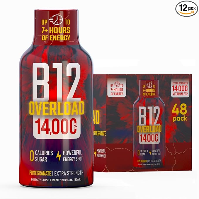 B12 Overload Extra Strength Energy Shot – Pomegranate – 260mg Caffeine, 14000% B12, Electrolytes – Energy & Vitality Support – Zero Sugar No Calories – Vegan, Kosher, Gluten-Free – 1.93 fl oz, 48-Pack
