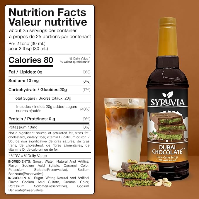 Syruvia Dubai Chocolate Coffee Syrup - 25.4 fl oz - Kosher Syrups, Gluten Free, No Coloring, Perfect for Drinks, Soda, Shakes, Desserts, and More.