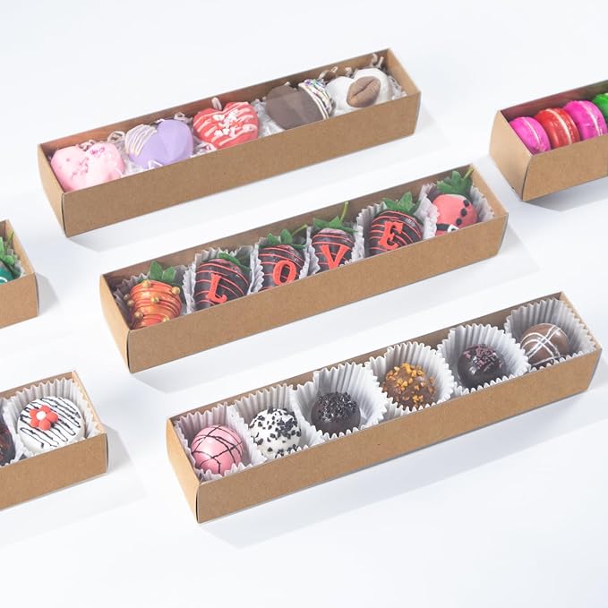 50Pack 12x2¼x2 Inch Chocolate Covered Strawberry Boxes for 6 Macaron boxes Chocolate Truffle Boxes Cookie boxes Bakery Boxes with Window Soap Boxes