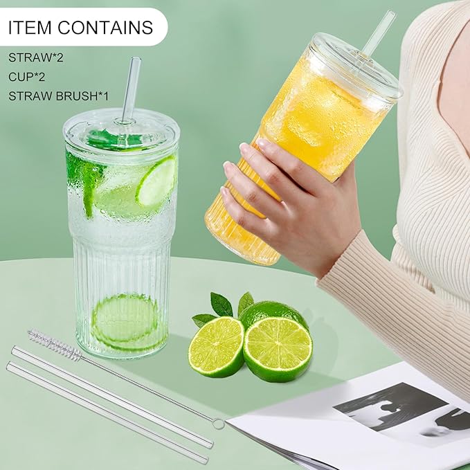 Glass Cups with Lids and Glass Straws, High Borosilicate 20OZ Tumblers (2Pcs) for Coffee, Tea, Juice, Smoothies, Hot/Cold Drinks at Home, Office