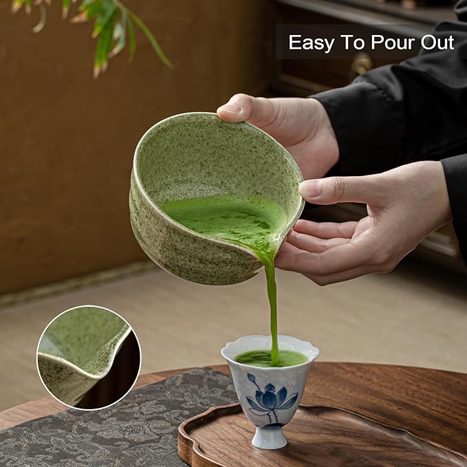 Matcha Set, Matcha Whisk Set Includes Matcha Bowl with Spout, Bamboo Whisk, Matcha Whisk Holder, Sifter, Scoop, Spoon Holder, Tea Towel- 7pcs Perfect Matcha Kit for Matcha Tea Ceremony (Jade Green)