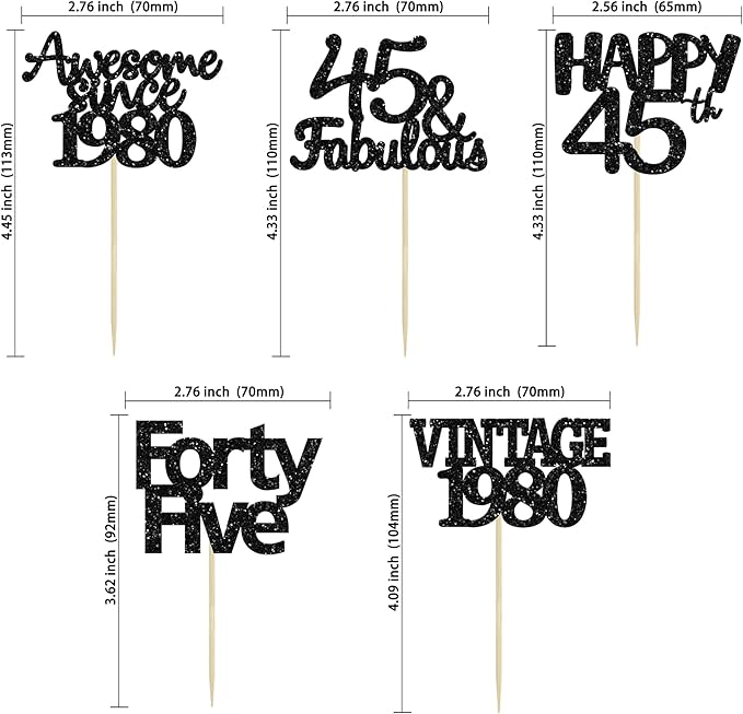 Gyufise 30 Pack Black Glitter 45th Birthday Cupcake Toppers Vintage 1980 Awesome Since 1980 45 Fabulous Cupcake Picks 45th Birthday Wedding Anniversary Party Cake Decorations Supplies