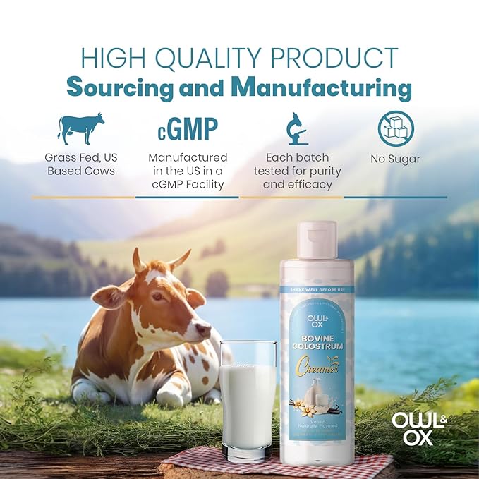 Bovine Colostrum with MCT Oil, Lactoferrin, IgG by Owl & Ox | Grass Fed, US Based | Skin Health, Gut Health and Immune Support | Sugar Free, Keto Friendly, Non GMO | Made in USA
