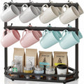 Coffee Mug Holder with Movable Hooks,16 Capacity Coffee Cup Holder for Countertop, Metal Mug Tree Holder Rack with Storage Base,Home Storage Mug Organizer adjustable Heights (Black)