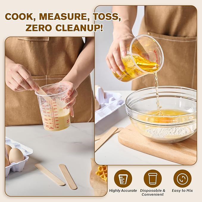 16 oz Plastic Mixing Cups, 100 Pack 16 oz (500ml) Disposable Measuring Cups with 100 Wooden Mixing Sticks, Can Be Used for Epoxy Resin, Liquid Measuring, Paint, Cooking and Baking