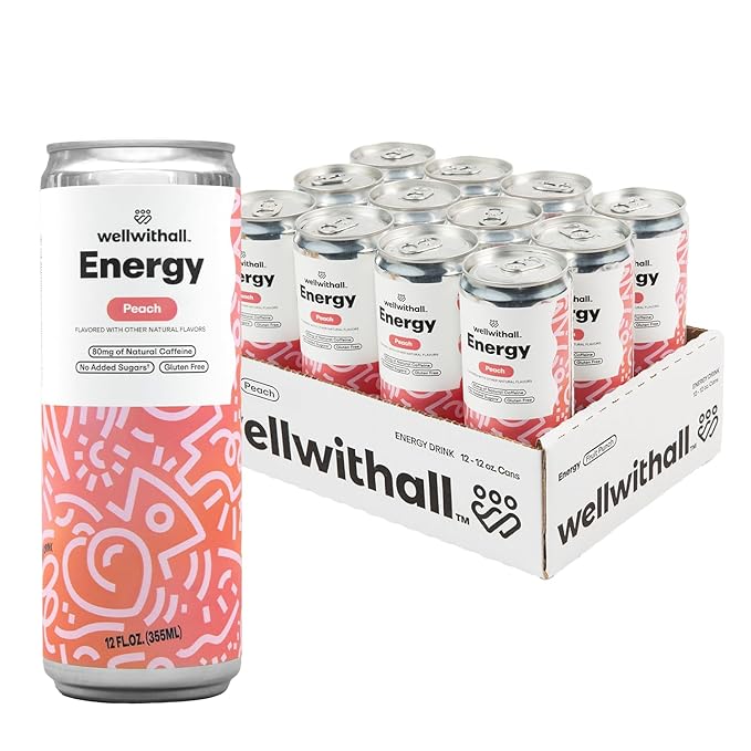 WellWithAll Peach Energy Drink – Caffeine from Tea – With Vitamin C – Lightly Sparkling Beverage – Fruit & Veggie Juice Blend – 12 Oz (Pack of 12)