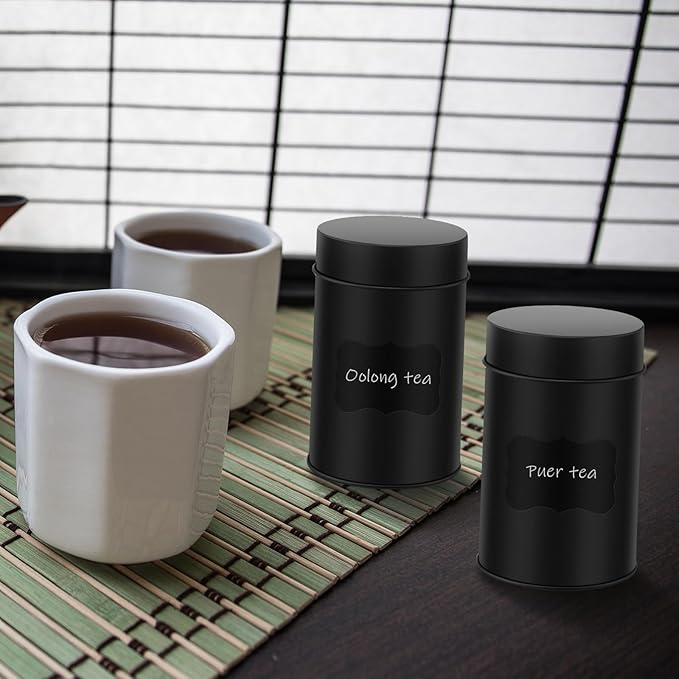 Tanlade 6 Pcs Tea Tin Canister Metal Round Can with Airtight Lid Double Sealed Tea Tin Canisters, with 1 Erasable Chalk Marker and 16 Stickers for Loose Leaf Coffee Sugar, 16 oz