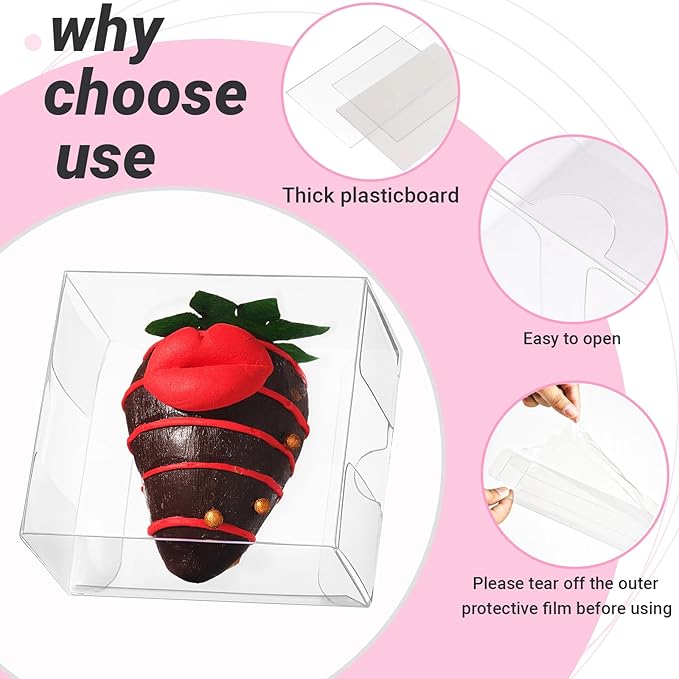 50 Pcs 2.5" X2.2" X2" Clear Single Chocolate Covered Strawberries Box Small Bakery Treat Boxes Macaron Boxes Mini Cinnamon Roll Boxes for 2 Gift Box for Wedding Birthday Christmas Party