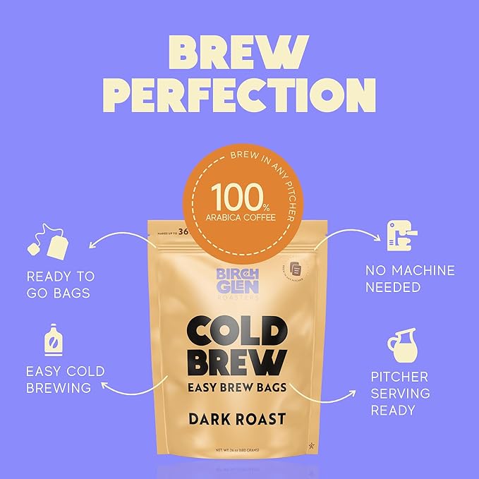 Birch Glen Roasters Cold Brew Coffee Bags - 12 Pack of Coarse Ground Coffee Filter Pitcher Packs for Easy Brewing - 100% Arabica - Yields 6 Pitchers - Dark Roast