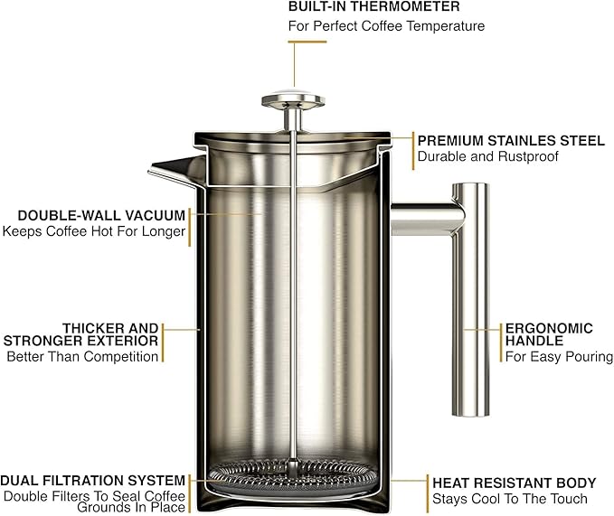 Barista Warrior French Press with Thermometer - Insulated Coffee Press - Stainless Steel Coffee Maker (1.0L, 34 fl oz, Silver)