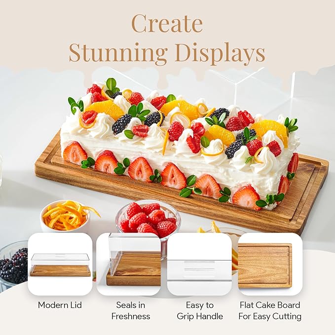 Cake Display with Lid – Acacia Wood Dessert Stand & Wooden Charcuterie Board with Lid for Loaf Cakes, Bread, Pastries, Cheese, Large Rectangle Wood Tray Platter & Acrylic Cover, 15 x 6.25”
