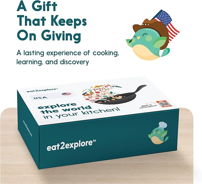 eat2explore Cooking Kits for Kids – Interactive & Educational Kids Cooking Sets Real for Ages 5 and Up,3 Recipe Cards & Global Ingredients – Fun Gift for Young Chefs (USA Edition)